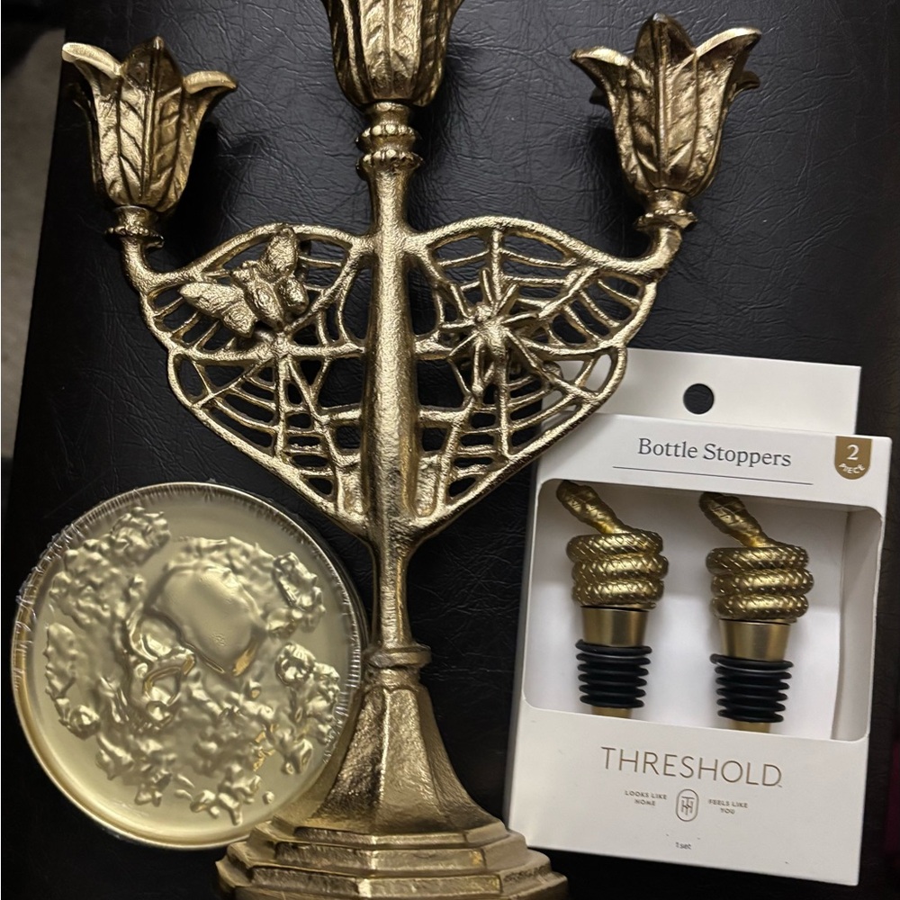 3 Piece Bundle Gold Metal Gothic Candelabra Coaster Bottle Stopper. New
